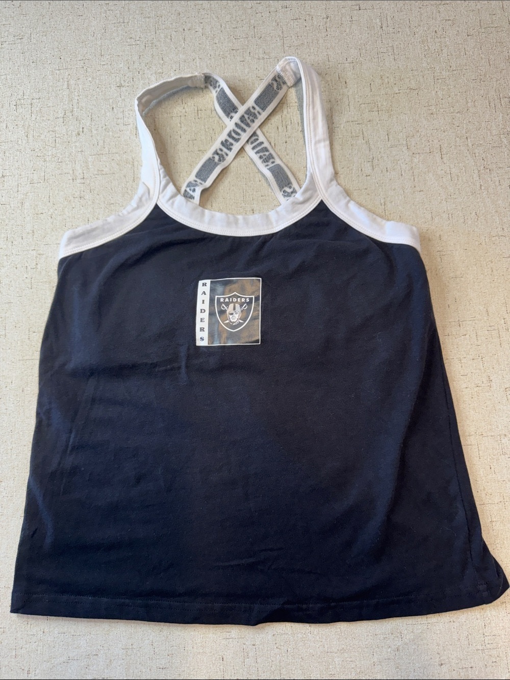Reebok Black Tank Top with White Trim, built in bra and Raiders Logo Straps N075